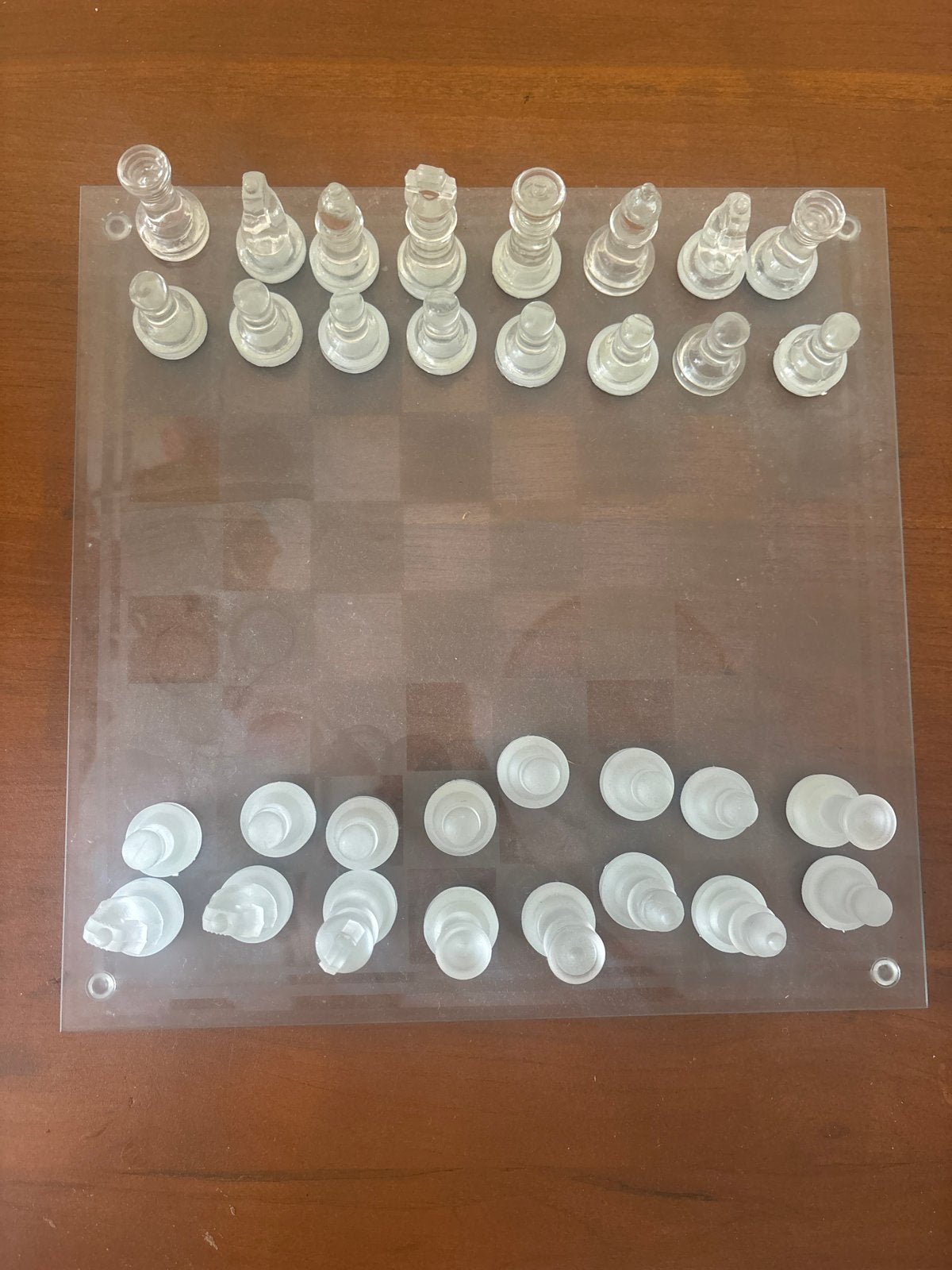 Glazen schaakbord met schaakstukken, Een of twee spelers, Ophalen of Verzenden, Zo goed als nieuw