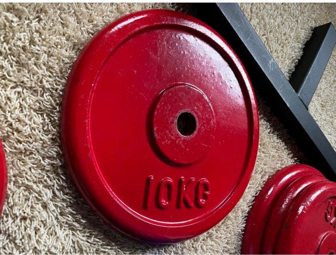 2  halterschijven ijzer rood 10 kg, Sport en Fitness, Fitnessmaterialen, Ophalen, Zo goed als nieuw, Halterschijven