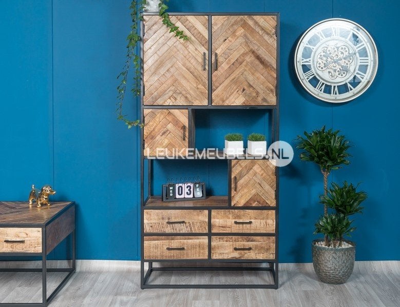 Boekenkast Mango-Excellent visgraat met 4 lades en 4 deuren, Huis en Inrichting, Kasten | Ladekasten, Overige houtsoorten, Nieuw