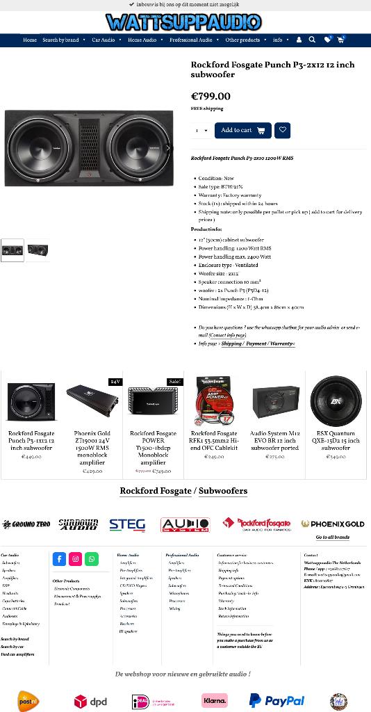 Rockford Fosgate Punch P3-2x12 1200W RMS / 2400W 2x12 inch, Audio-design, Nieuw, Am Breilingsweg 3, 76709 Kronau, Duitsland, Ophalen of Verzenden