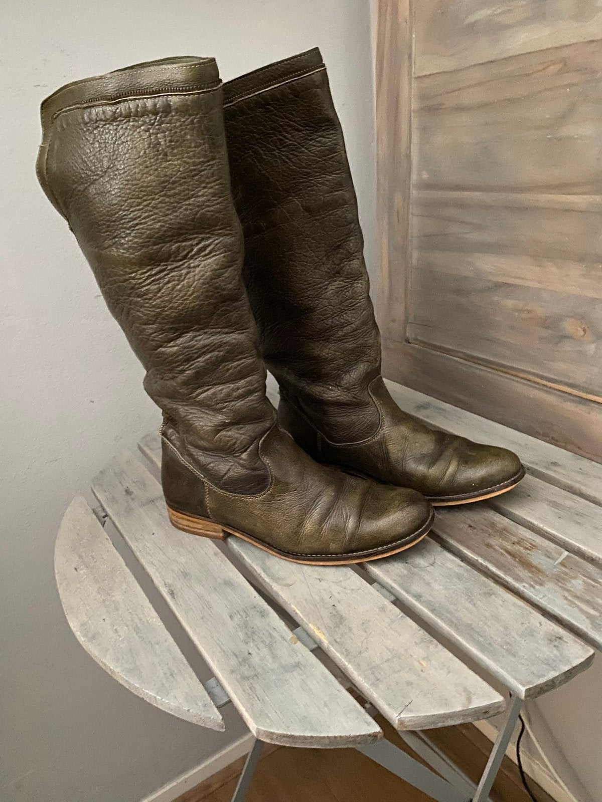 Hoge leren laarzen, groen leer, mt 40, ook leuk voor Cosplay, Ophalen, Groen, Hoge laarzen