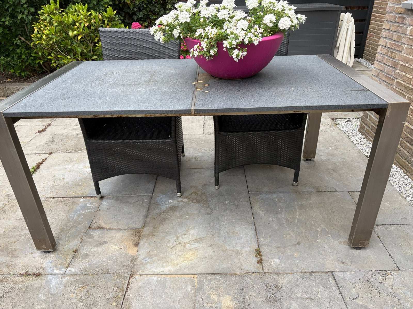 RVS tuintafel met natuurstenen blad 160x90 cm, Tuin en Terras, Tuintafels, Ophalen, Gebruikt, Rechthoekig, Rvs