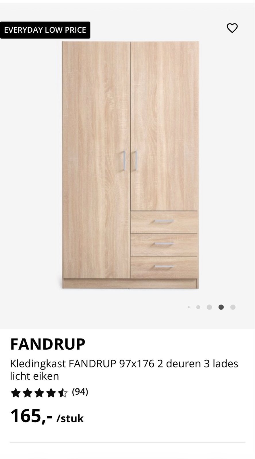 JYSK FANDRUP Kledingkast 97x176 licht eiken, Ophalen, 50 tot 100 cm, Zo goed als nieuw, Met lade(s)