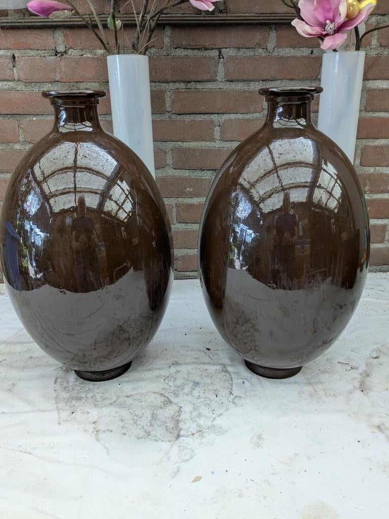 Set van 2 donkerbruine glanzende vazen, Ophalen of Verzenden