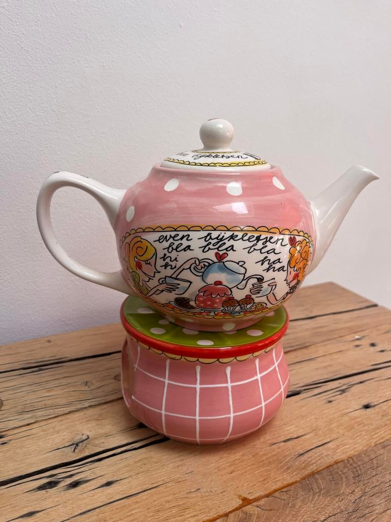 Blond Amsterdam Theepot met warmhouder - Even bijkletsen, Ophalen of Verzenden, Zo goed als nieuw, Steen/keramiek, Meerkleurig