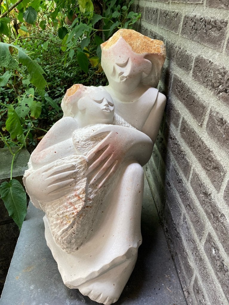 Beeldhouwwerk "Vrouw en Kind", T.Manala, Zimbabwe., Handgemaakt, Beeld, Vrouw, Modern