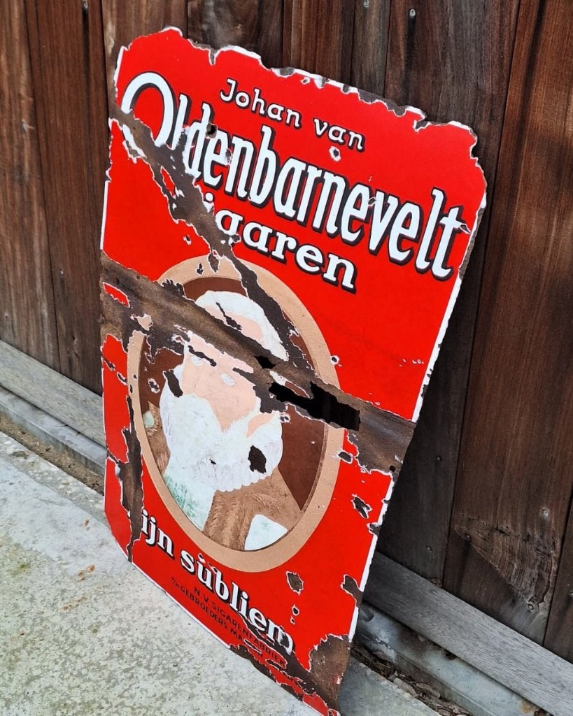 Antiek emaille bord, Johan van Oldenbarnevelt sigaren., Reclamebord, Gebruikt, ., Ophalen of Verzenden