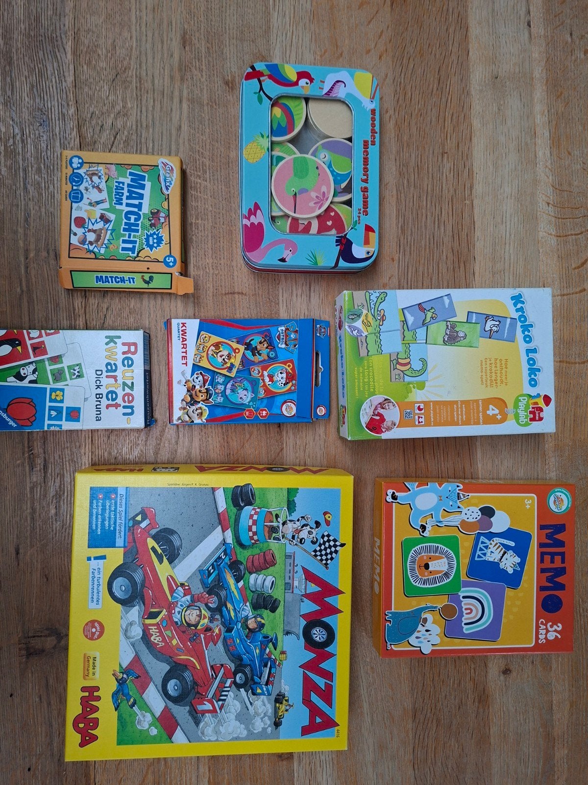 Diverse Kinderspellen (4+): Memo, Monza, krokoloko, Match-It, Een of twee spelers, Ophalen of Verzenden, Gebruikt, HABA, Jumbo, Grafix