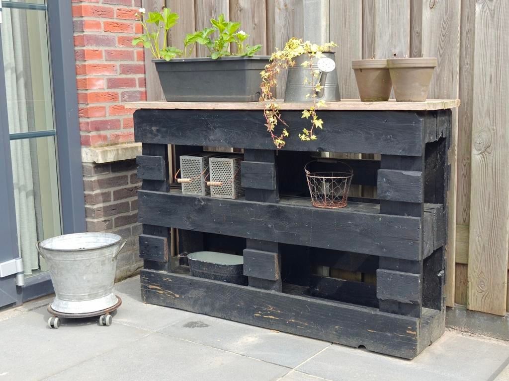 Zwarte sidetable van pallets voor buiten, Tuin en Terras, Ophalen, Gebruikt, Rechthoekig, Hout