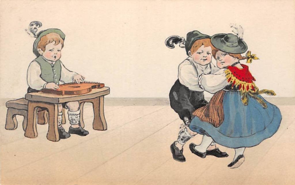 Fantasie Dansend paartje Lederhosen Duitsland Vintage Kind 1, Ophalen of Verzenden, Voor 1920, Ongelopen, Kinderen