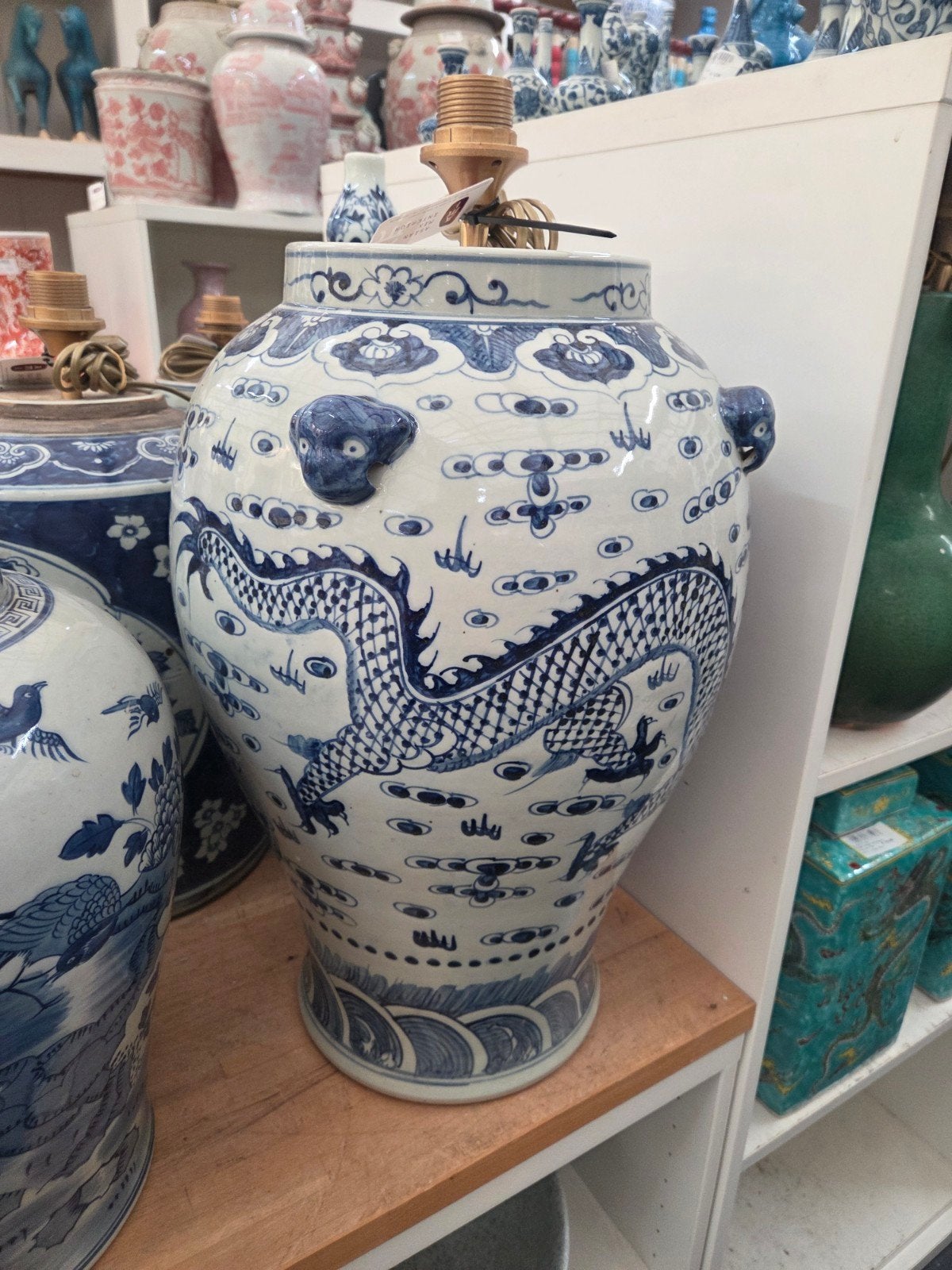 Antieke Chinese Drakenvaas Lamp - Blauw en Wit Porselein, Ophalen of Verzenden