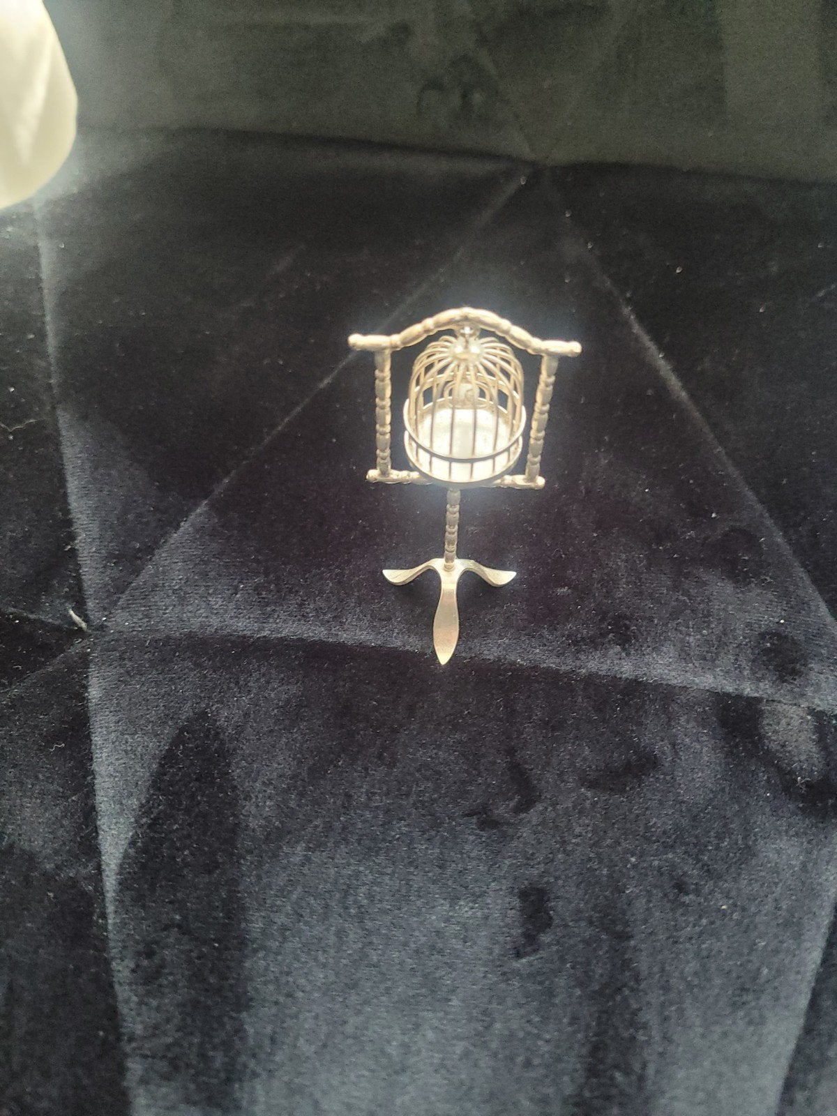 Vintage zilveren broche vogelkooi op standaard, Ophalen
