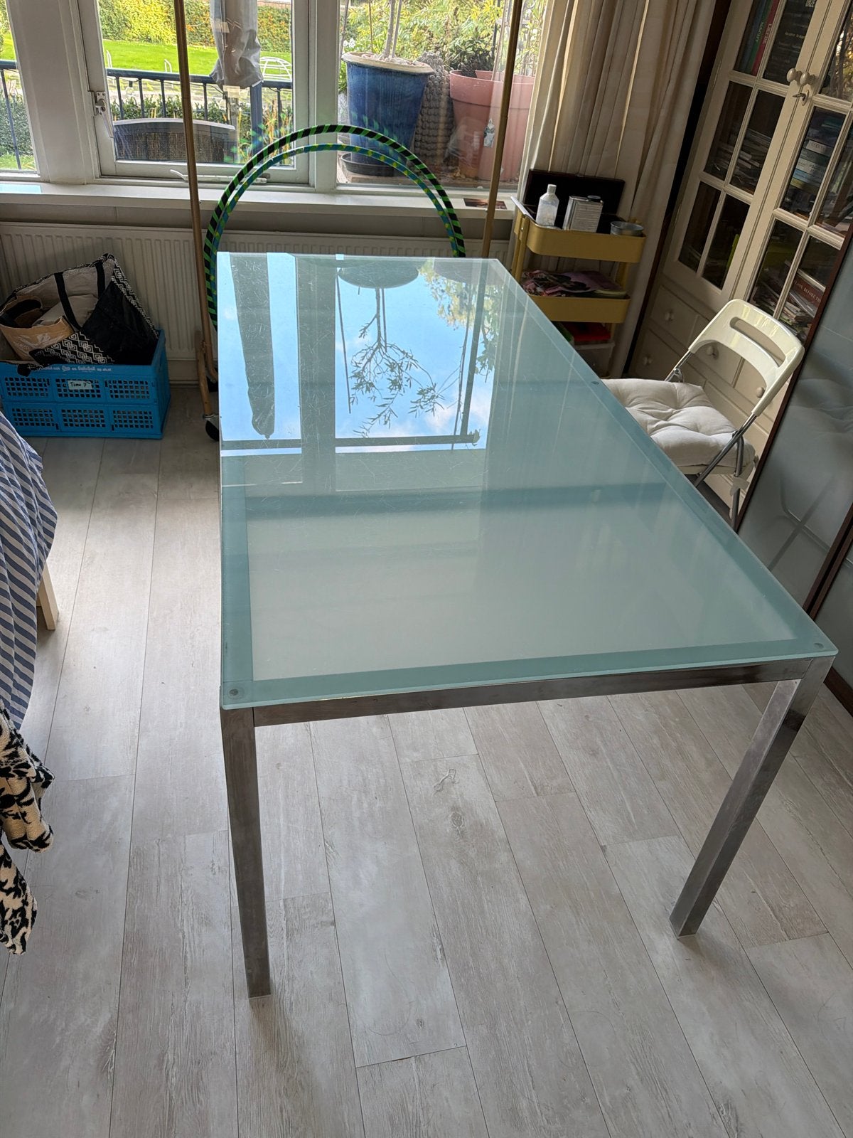 Eettafel met melkglas blad - 180x85 cm, Ophalen, Gebruikt, 50 tot 100 cm, Glas
