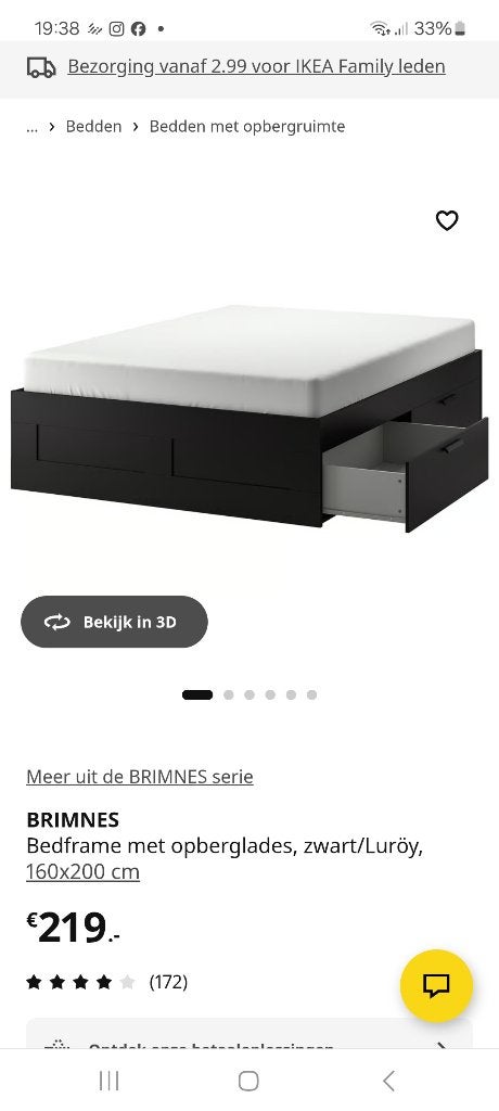 Brimnes bed 160x200 Ikea in prima staat, Ophalen, Zwart, Tweepersoons, Zo goed als nieuw