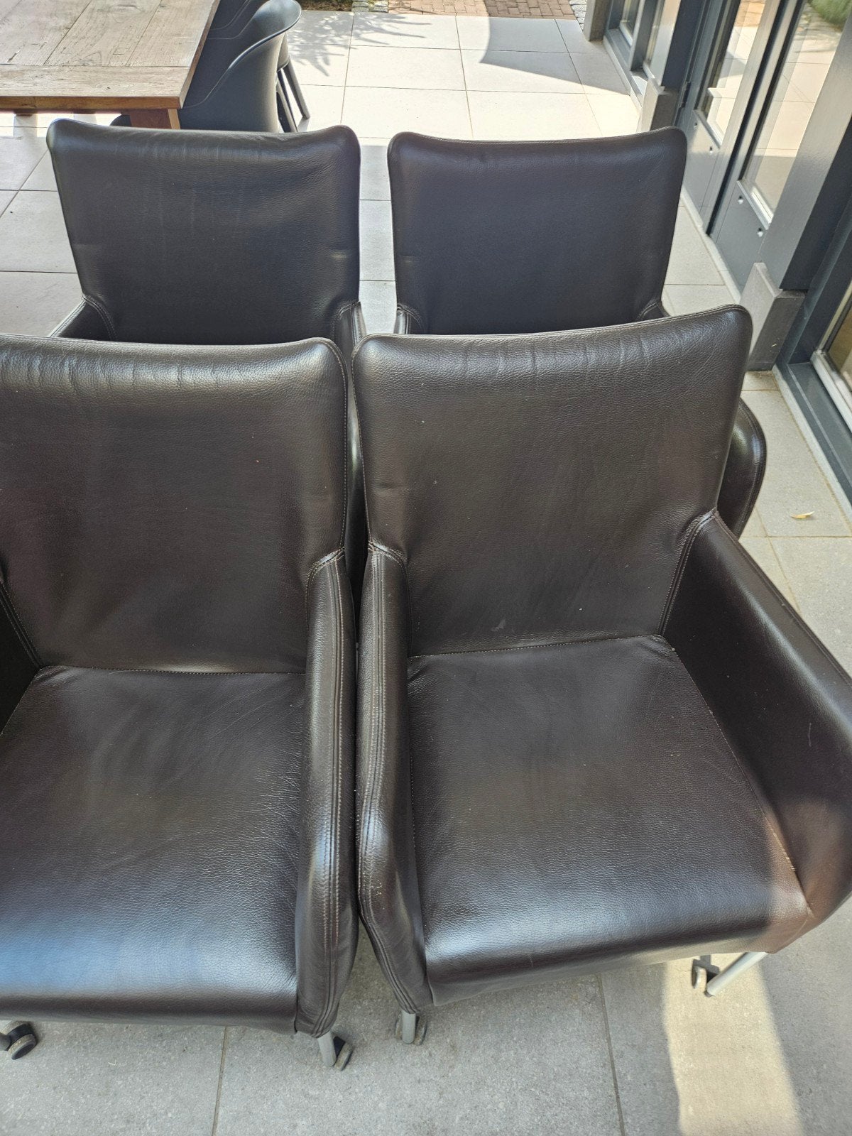 6 donkerbruine leren eetkamerstoelen, Ophalen, Gebruikt, Bruin, Leer
