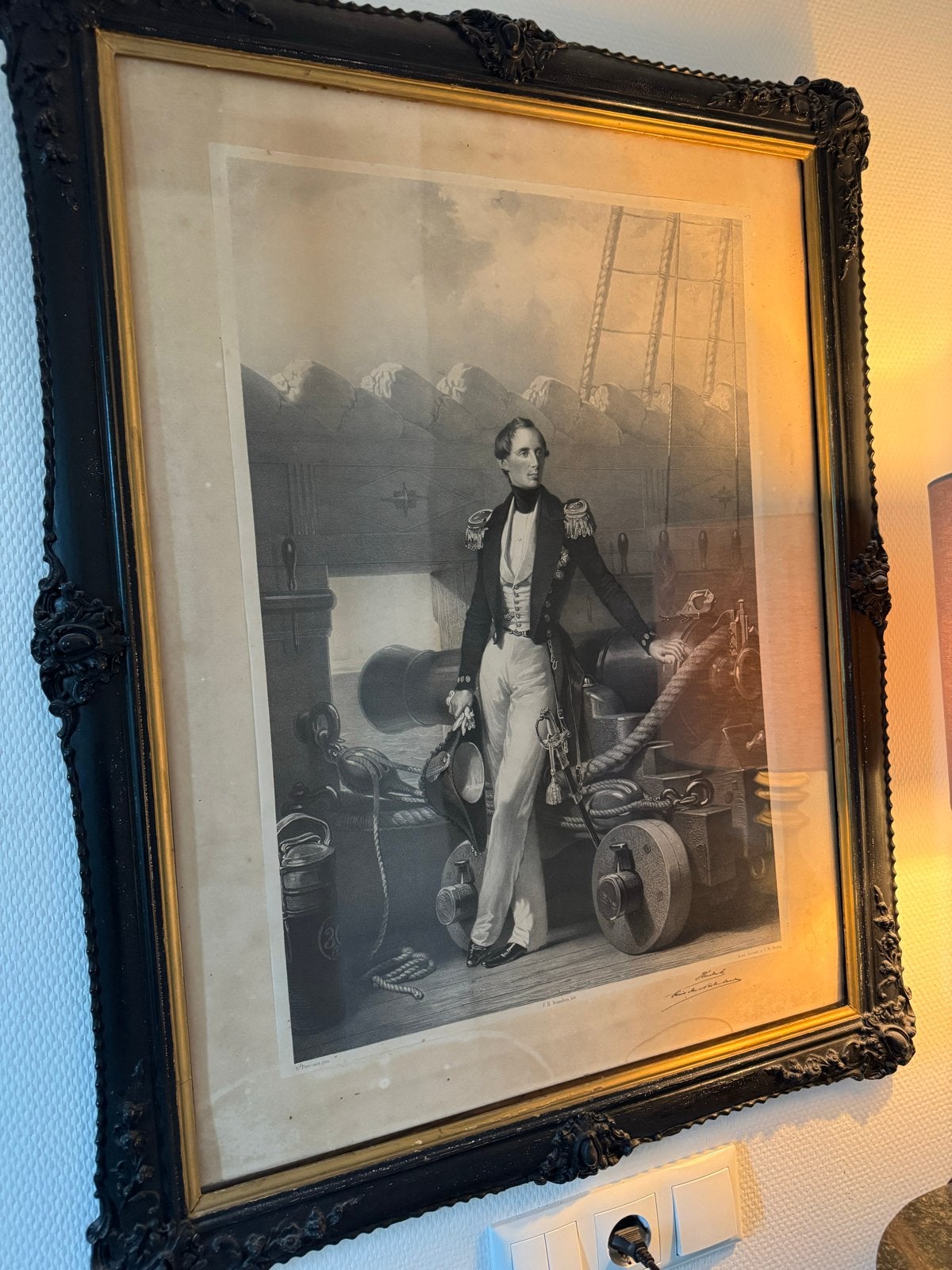 Antieke Tekening: Napoleonische Figuur op Schip, Antiek en Kunst, Ophalen, Tekening, Prent, Ingelijst