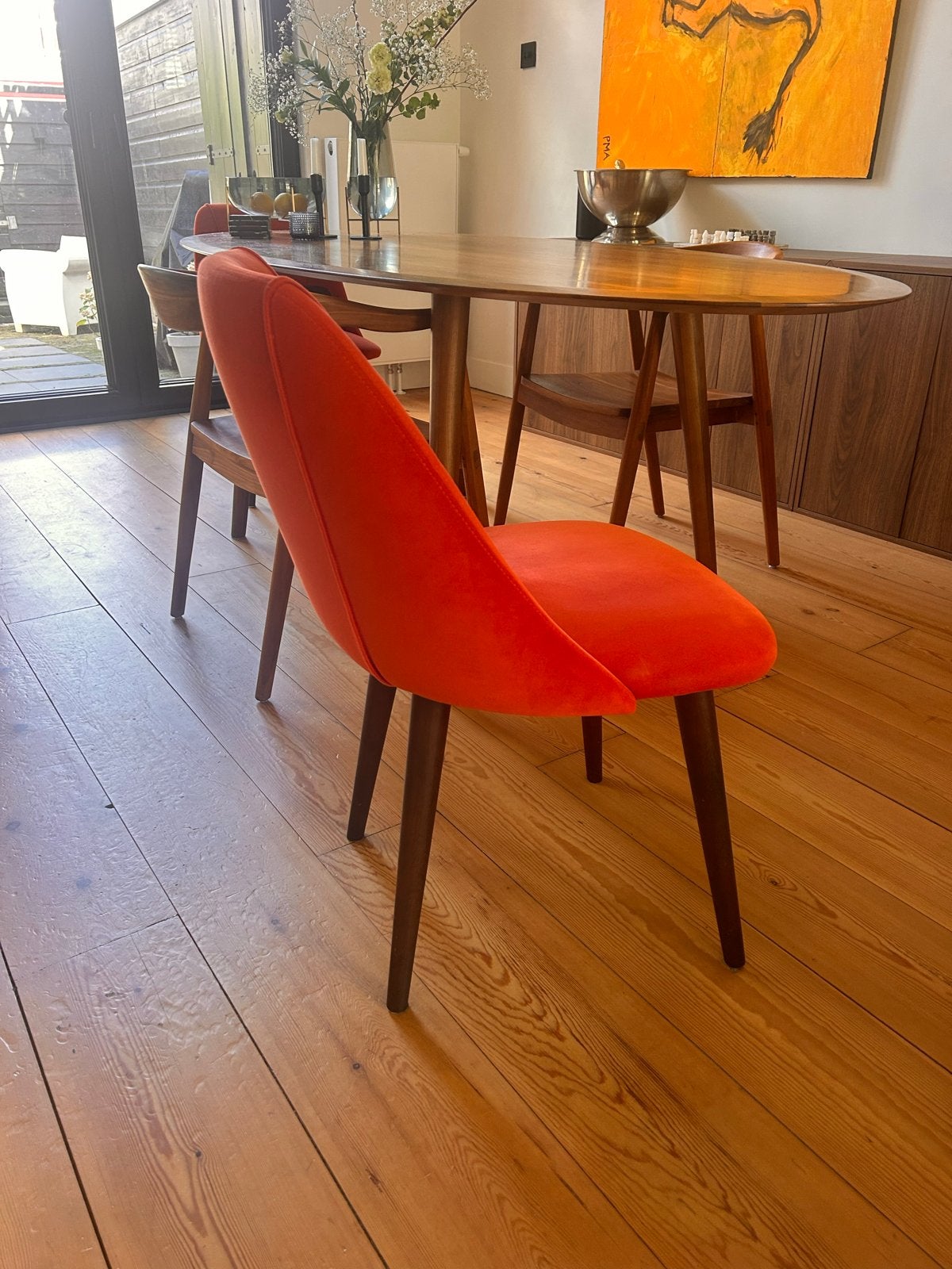 Made Oranje fluwelen eetkamerstoelen - Zo goed als nieuw, Ophalen, Overige kleuren, Zo goed als nieuw, Eén