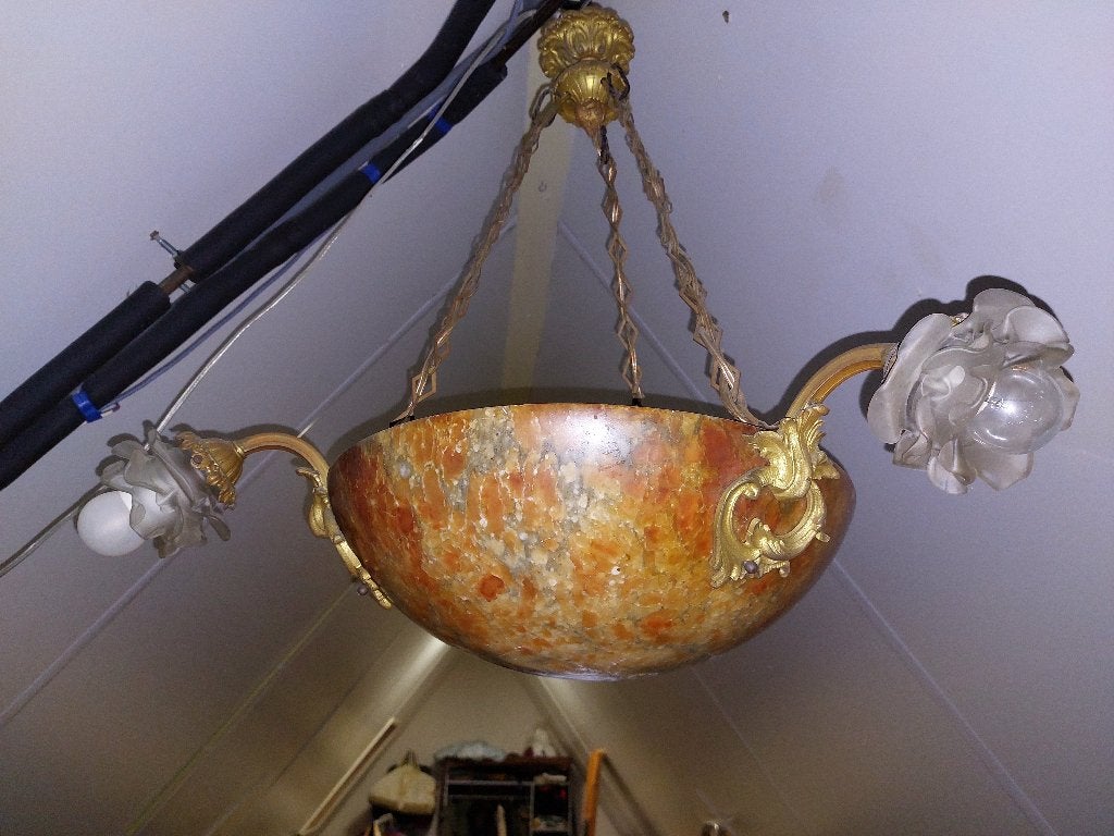Art Nouveau hangende kroonluchter albast amber, Ophalen