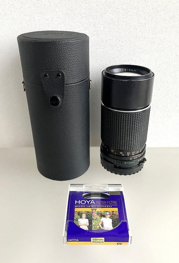 1975 MAMIYA 210mm f/4 SEKOR C LENS + MAMIYA CASE, HOYA HD UV, Verzenden, Gebruikt, Telelens