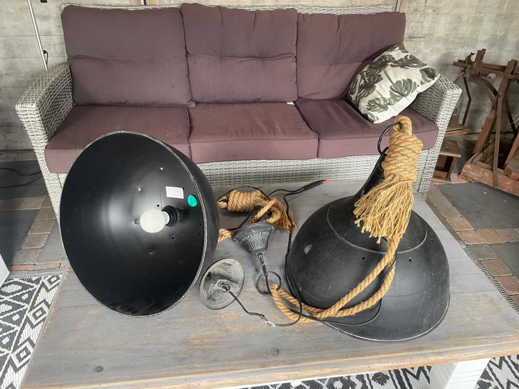 Industriële hanglampen met touw - set van 2, Huis en Inrichting, Ophalen, Zo goed als nieuw, Metaal, Minder dan 50 cm
