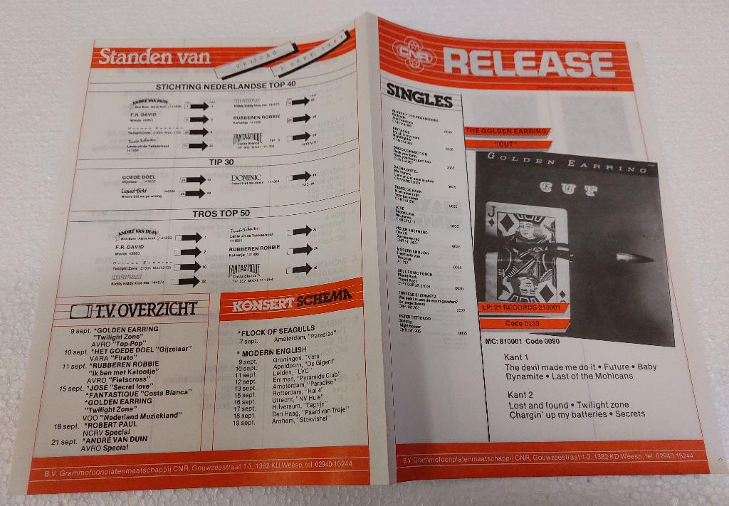 The Golden Earring PROMO FOLDER CNR 1982 Cut Nederpop, CNR, Verzenden, NvT, Boek, Tijdschrift of Artikel