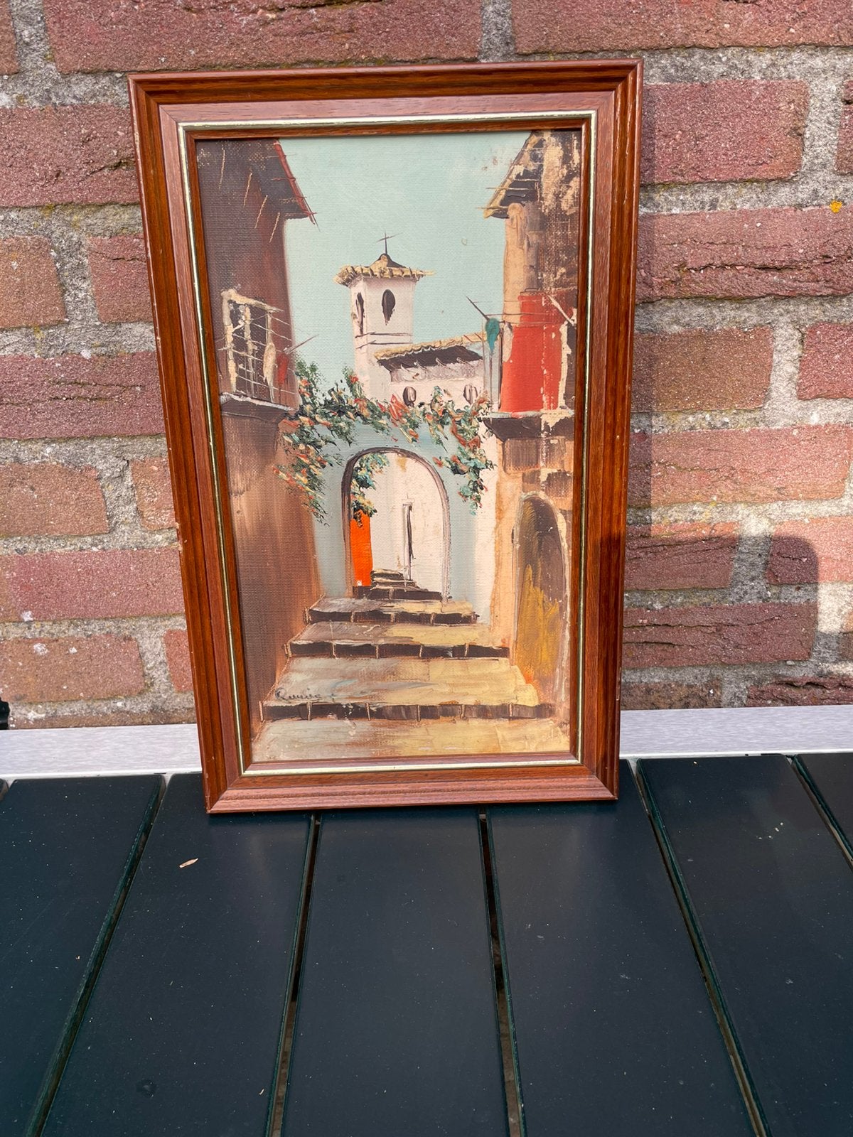 Antiek schilderijtje een mediterraan / Spaans straatje, Ophalen of Verzenden