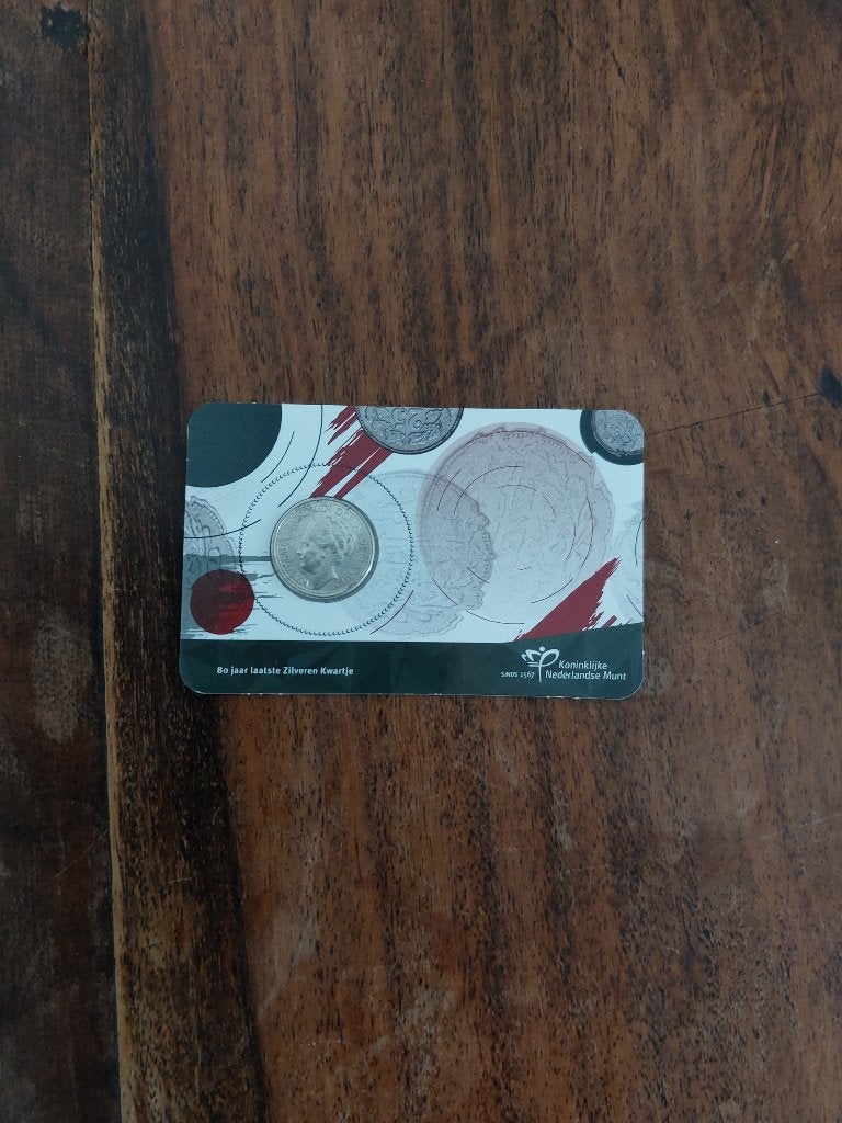 Nederland 80 jaar laatste Zilveren Kwartje 1941 coincard KNM, Postzegels en Munten, Verzenden, Koningin Wilhelmina, 25 cent