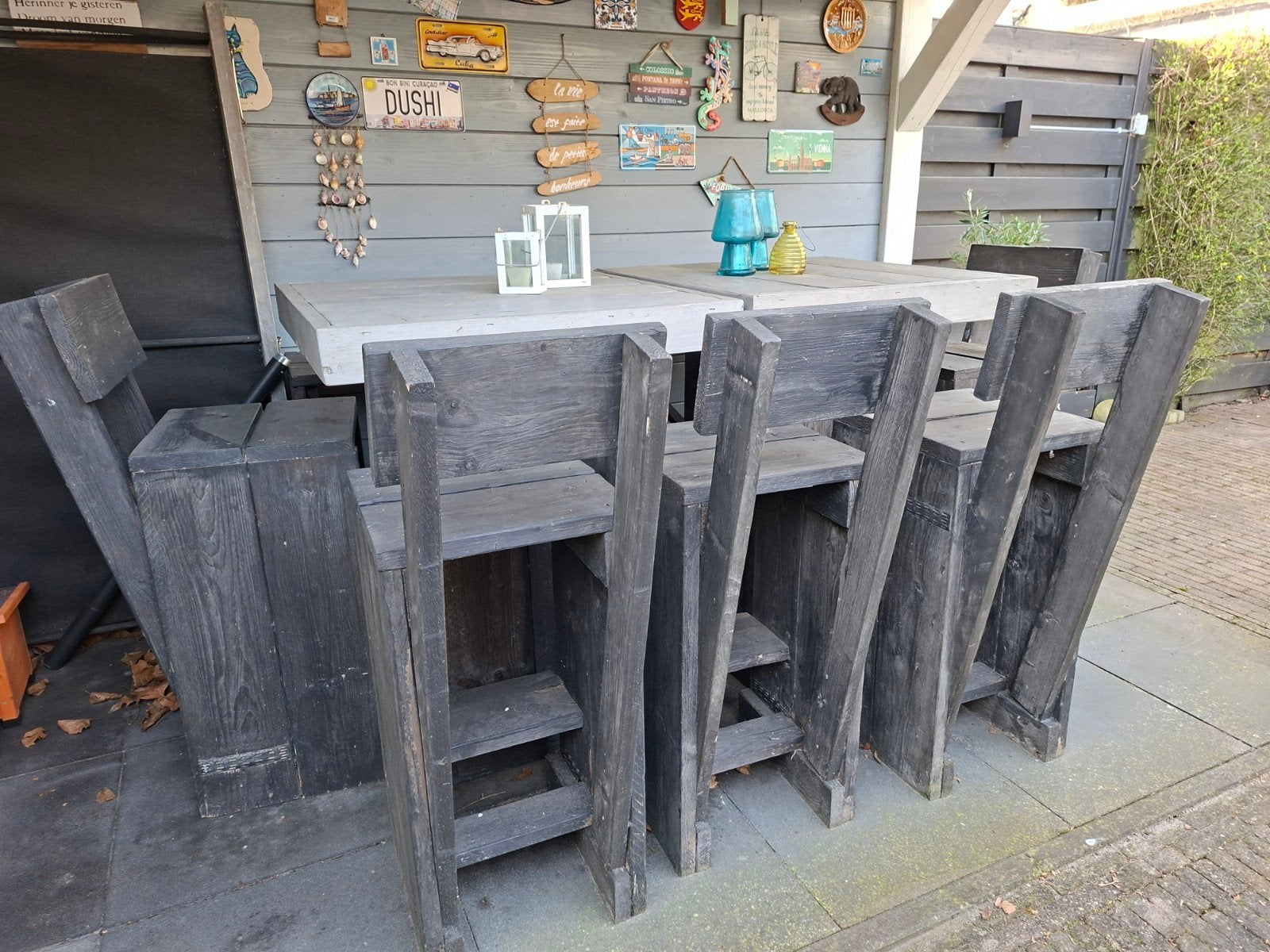 Steigerhouten staantafelset met bank en stoelen, Tuin en Terras, Ophalen, Gebruikt, Steigerhout, 8 zitplaatsen