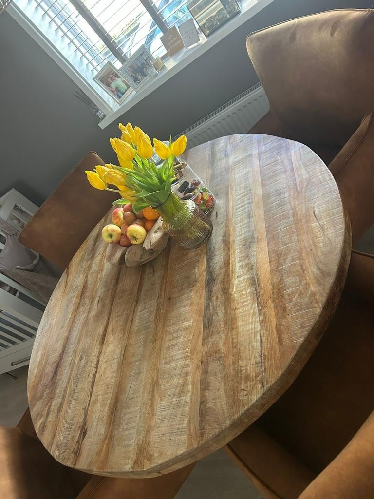 Ronde eettafel Mango hout 130cm zeer mooi, Ophalen, Industrie, Tafel, Zo goed als nieuw