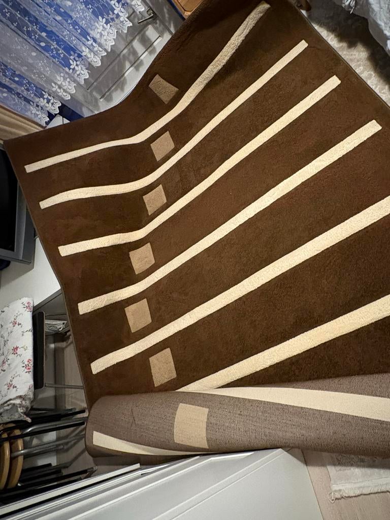 Groot bruin vloerkleed met beige strepen, Ophalen, Bruin, Zo goed als nieuw, 200 cm of meer