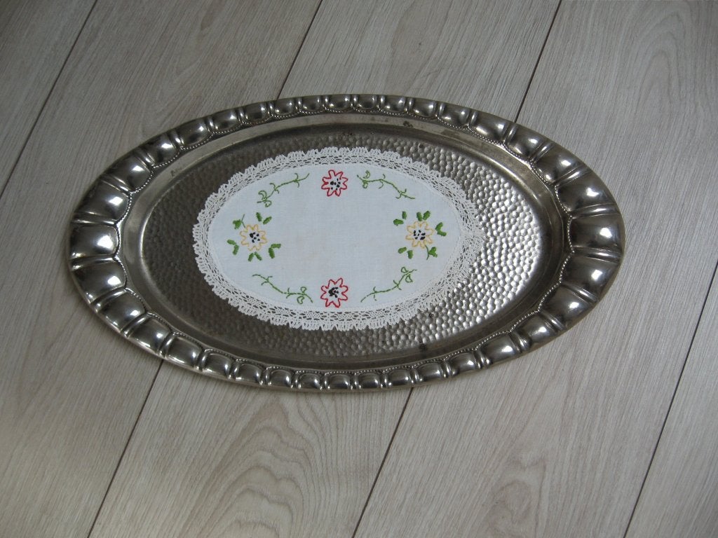 Oude antieke schaal dienblad chroom nikkel 45x24 cm €12,50., Ophalen of Verzenden