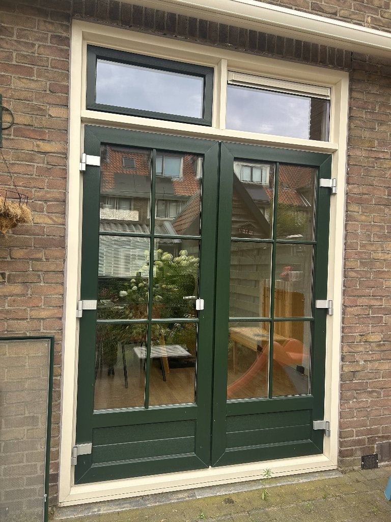 Groen kunststof kozijn met openslaande deuren en bovenlicht, Doe-het-zelf en Verbouw, Ophalen, Kunststof, Gebruikt, Deurkozijn