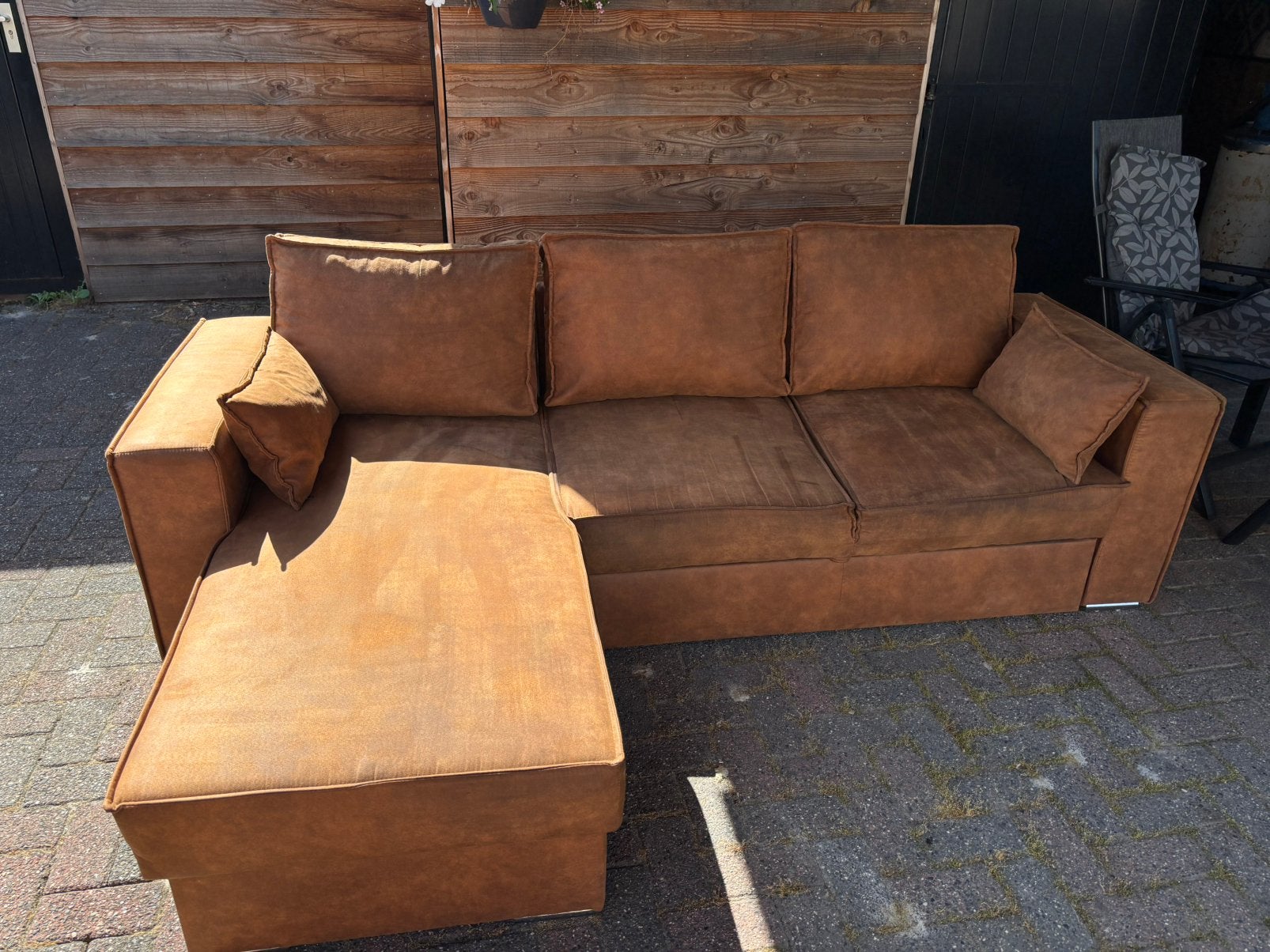 Cognac kleur bank/slaapbank MOET WEG!, Huis en Inrichting, Ophalen, Gebruikt, Hoekbank, Driepersoons