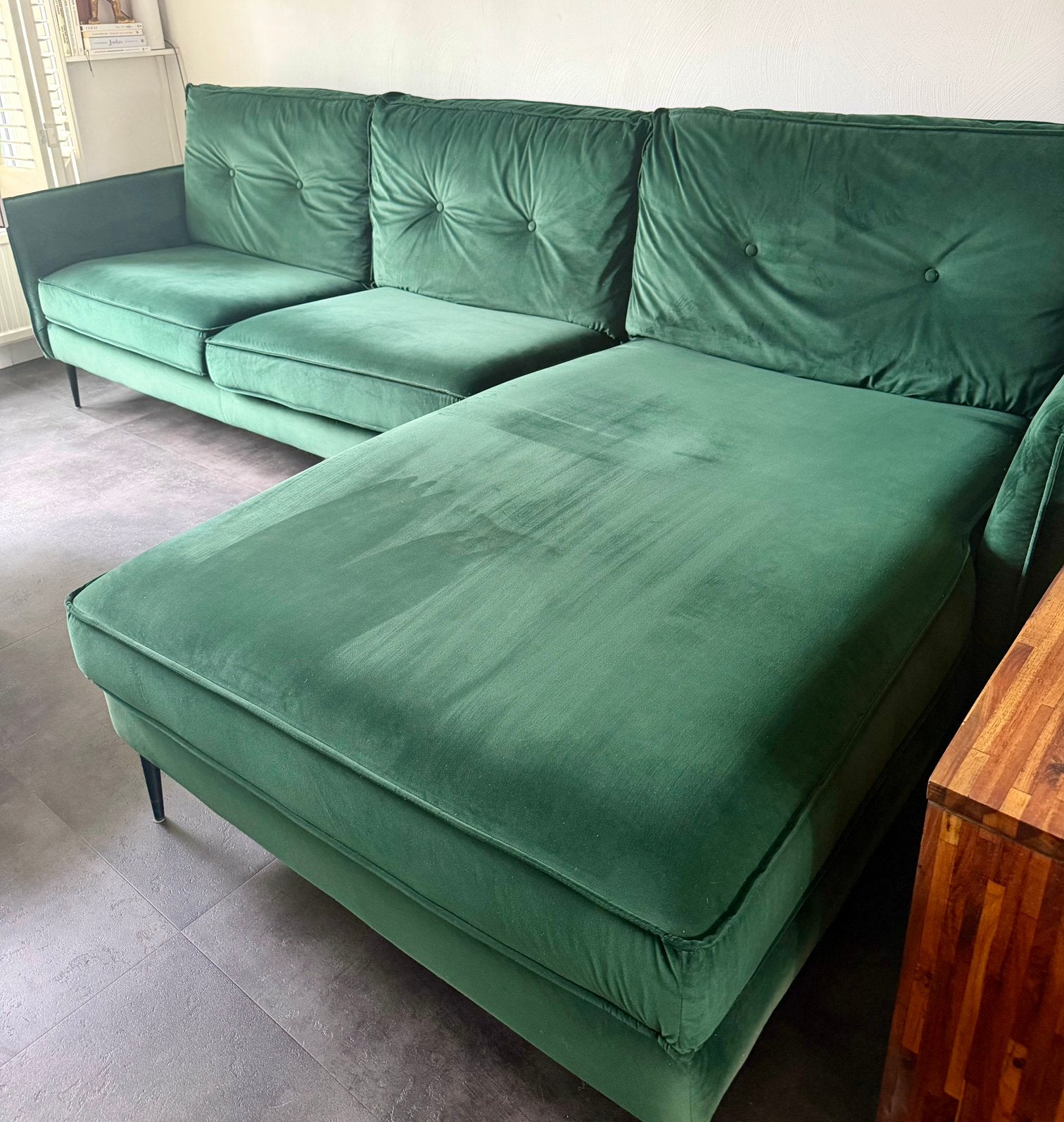 Mooie velvet groene hoekbank 3 m, Huis en Inrichting, Banken | Bankstellen, Ophalen, Zo goed als nieuw, Vierpersoons of meer