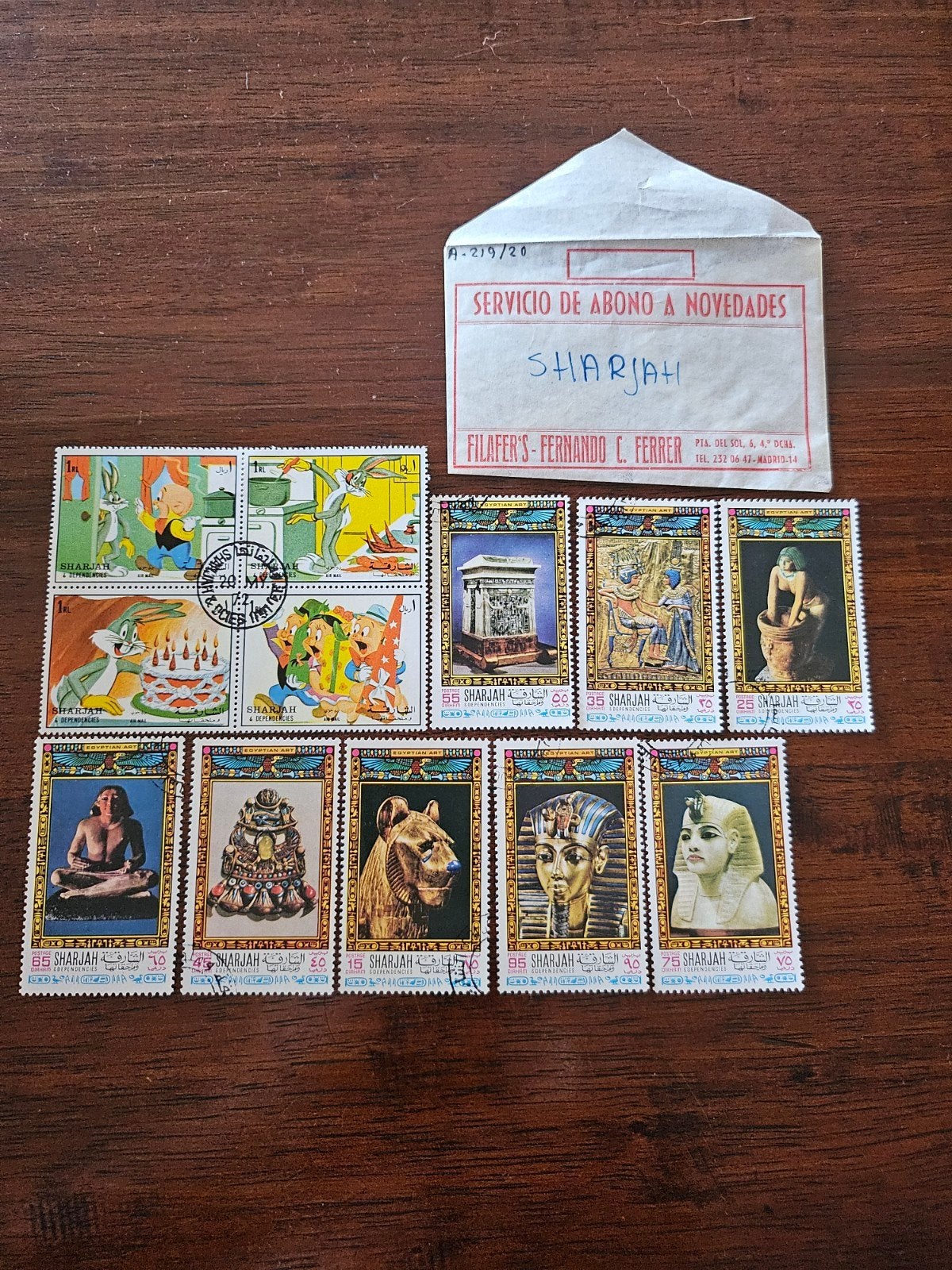 Postzegels Sharjah: Looney Tunes & Egyptische Kunst, Ophalen of Verzenden, Overige landen, Gestempeld