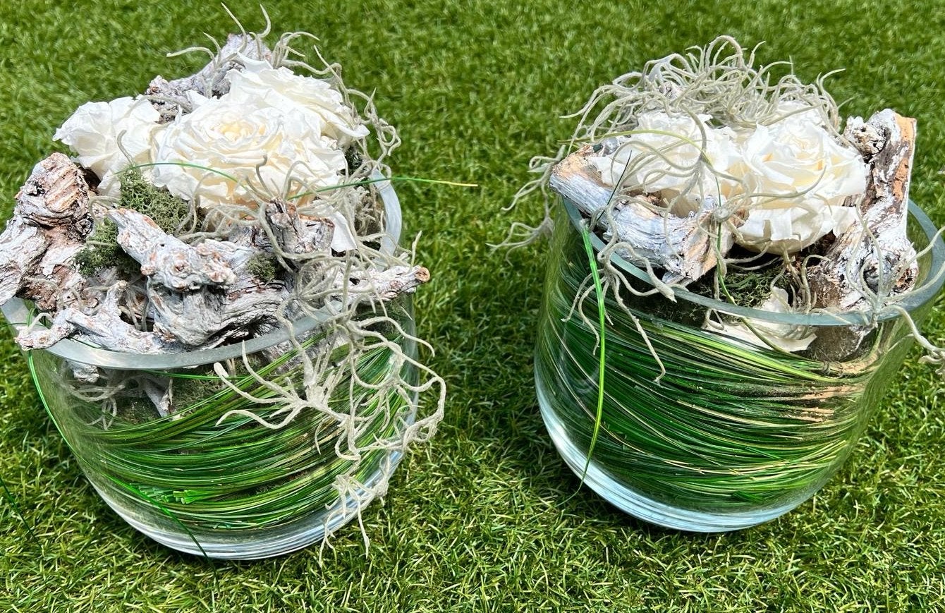 Decoratieve schaal met gestabiliseerde rozen en drijfhout, Ophalen, Hout, Nieuw, Landelijk