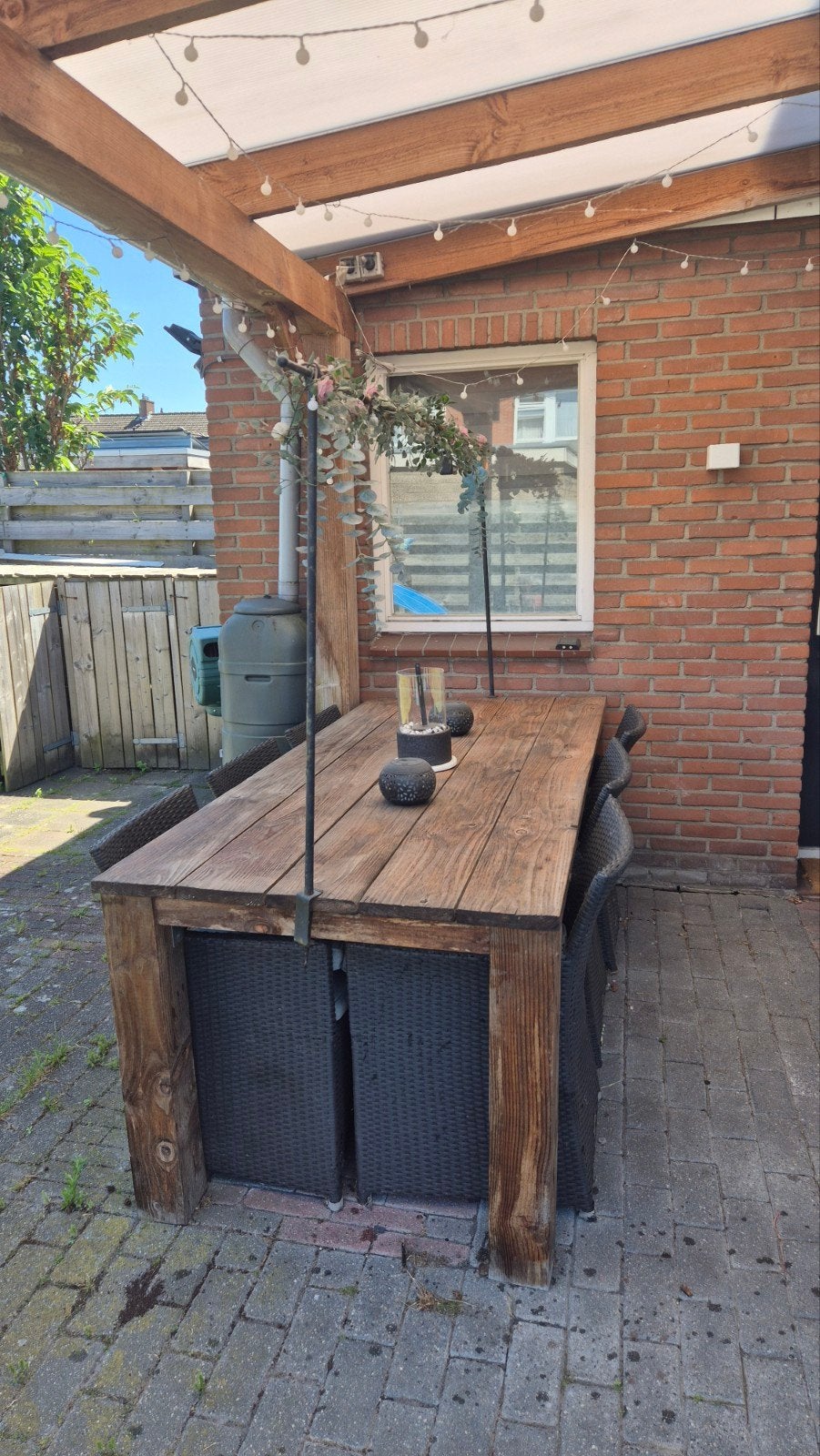Tuintafel met 6 Royal Patio tuinstoelen en kussens, Ophalen, Gebruikt, Rechthoekig, Hout