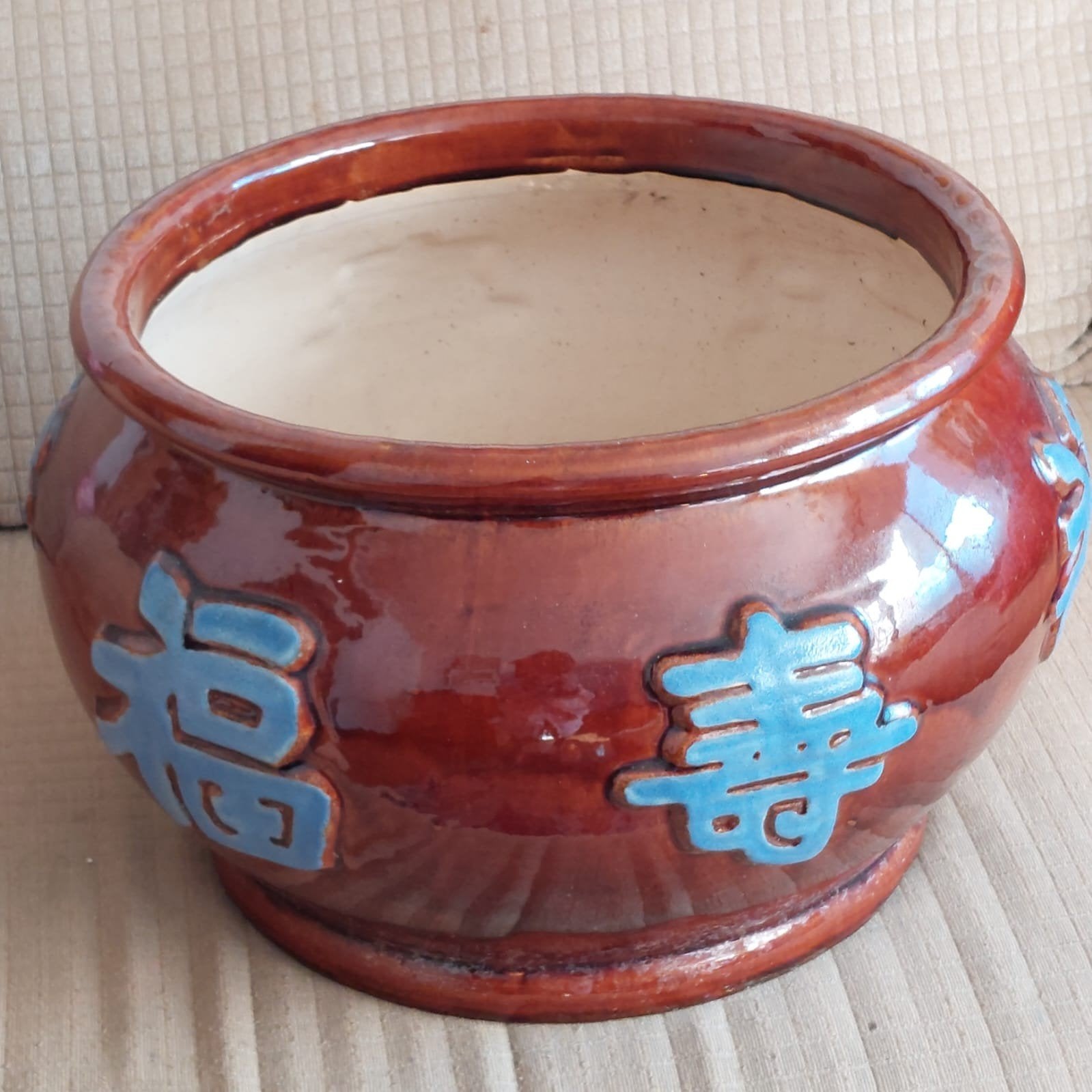 Grote vintage bloempot met Chinese tekens - Eyecatcher, Ophalen