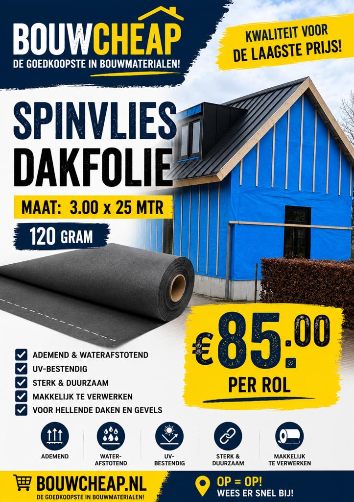 Dak /wandfolie spinvlies 1.50x25mtr €.32.50 per rol, Doe-het-zelf en Verbouw, Dakpannen en Dakbedekking, Overige materialen, Blauw