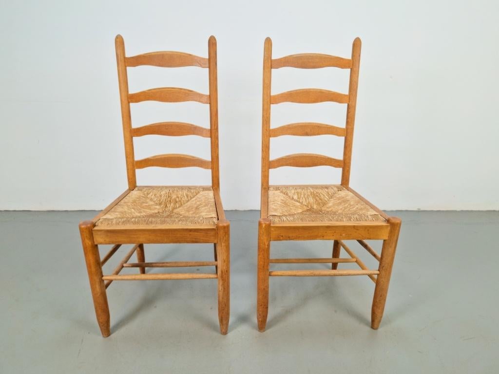 Set brutalist charlotte perriand ladder stoel hout riet ‘60, Huis en Inrichting, Stoelen, Twee, N, Brutalist vintage, N
