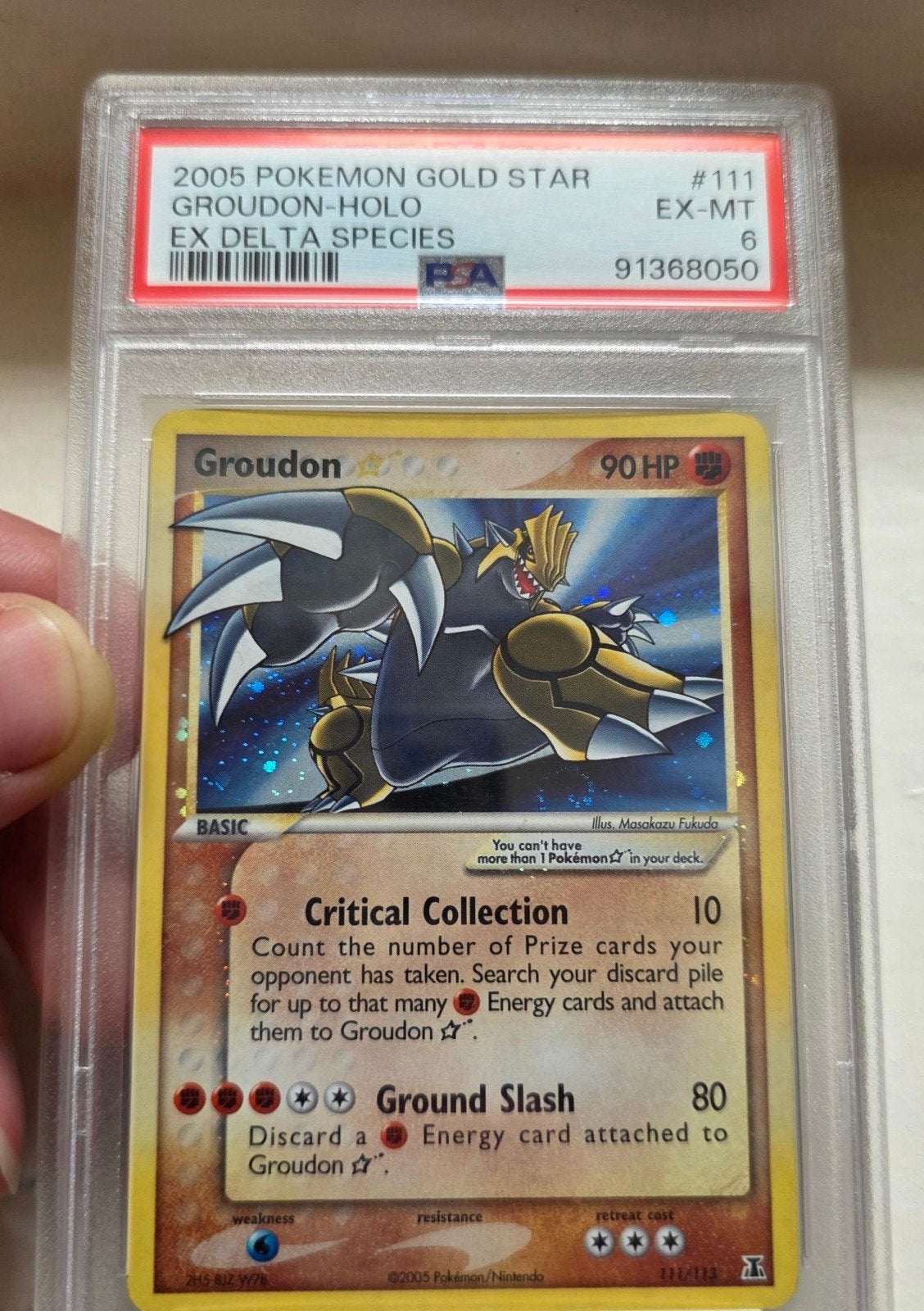 Groudon Gold Star (SWIRL) EX Delta Species PSA 6 (NEW CERT), Ophalen of Verzenden, Gebruikt, Losse kaart, Foil