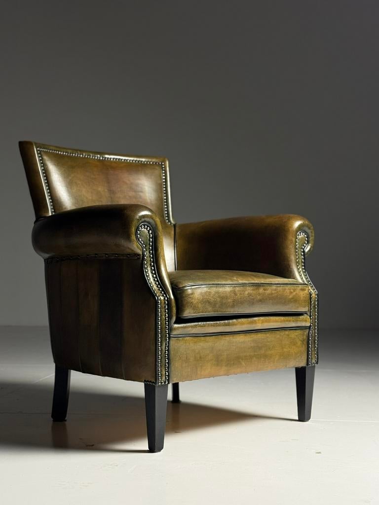 Schapenleren clubfauteuil groen bruin klassiek, Huis en Inrichting, Fauteuils, Ophalen, Zo goed als nieuw, 75 tot 100 cm