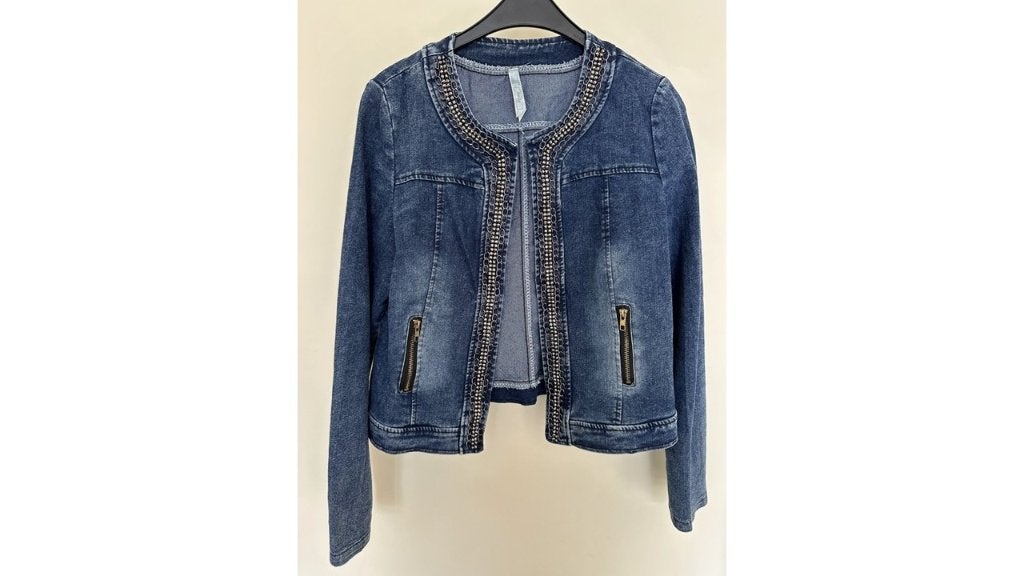 Spijkerjasje met versiering (cropped denim jacket), Maat 38/40 (M), Stella Morgan, Blauw, Ophalen of Verzenden