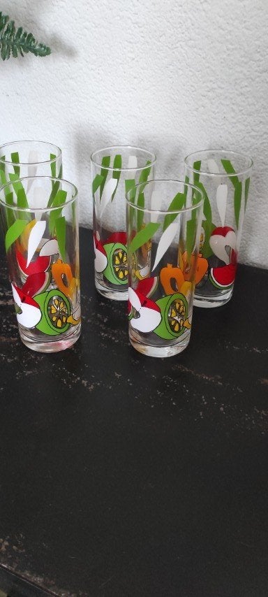 Vintage glazen met fruit rood groen geel oranje 5x, Glas of Glazen, Gebruikt, Overige merken, Ophalen of Verzenden