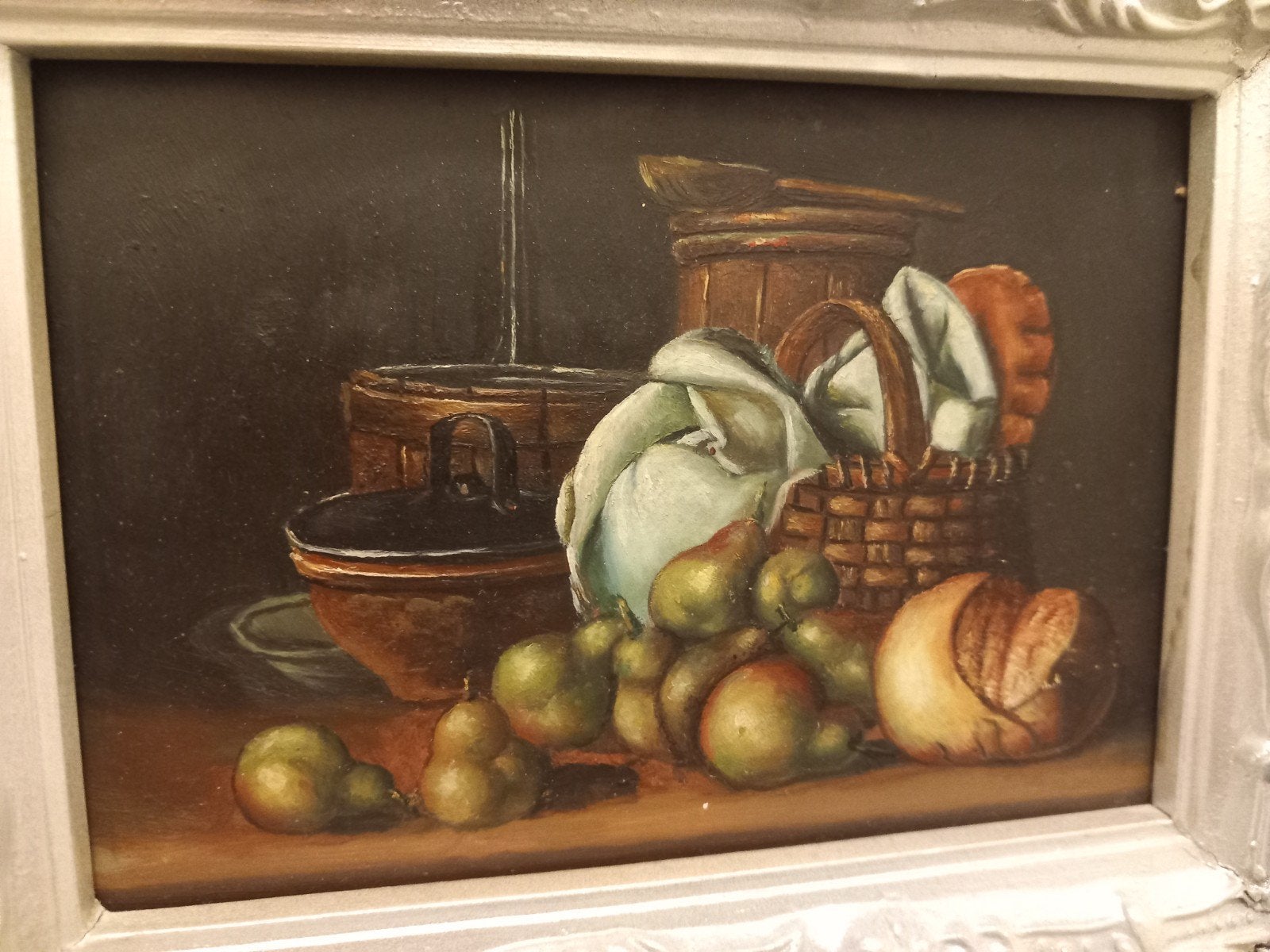 5 handgeschilderde fruitstillevens in baroklijsten + 1 panee, Ophalen, Minder dan 50 cm, Schilderij