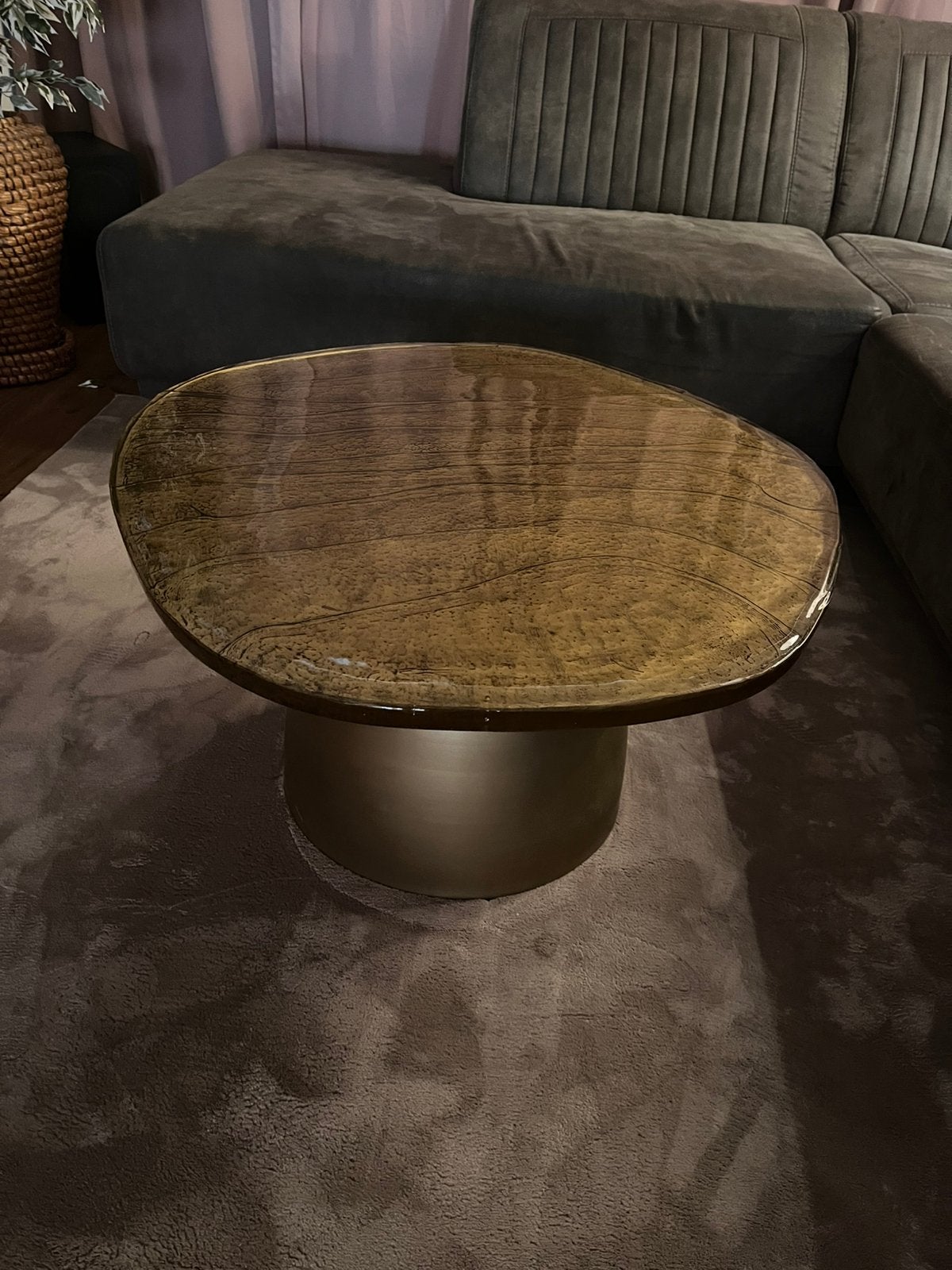 Ronde glazen salontafel met metalen onderstel., Huis en Inrichting, Tafels | Salontafels, Ophalen, 50 tot 100 cm, Rond, 50 tot 100 cm