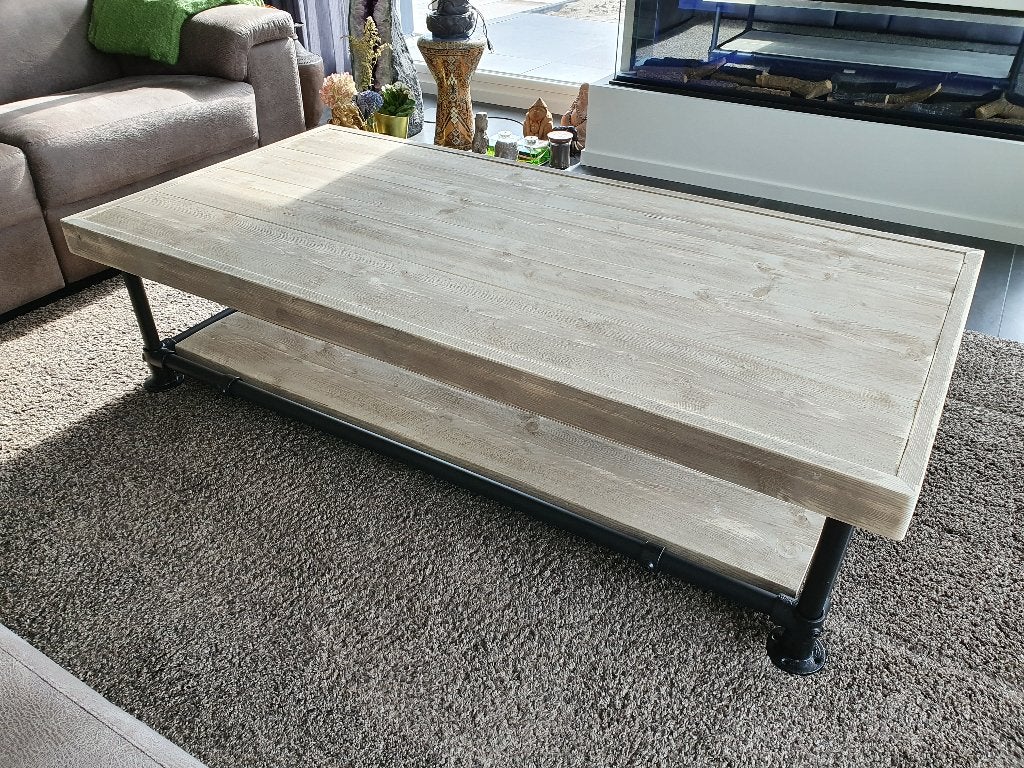 Unieke salontafel van steigerhout met steigerbuis of staal, Ophalen, Nieuw, Rechthoekig, 100 tot 150 cm