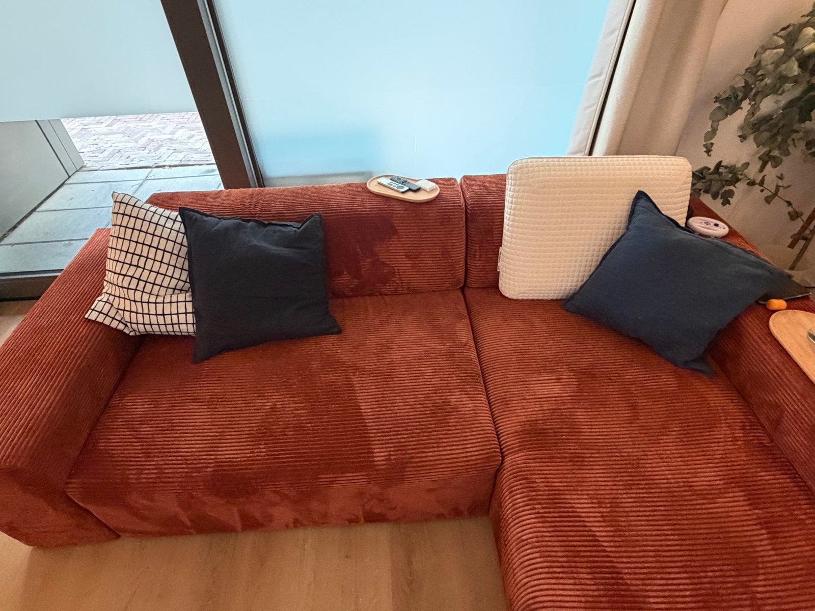 NADUVI Oranje Ribstof Hoekbank - Comfortabel & Modern, Huis en Inrichting, Ophalen, 250 tot 300 cm, 100 tot 125 cm, Hoekbank