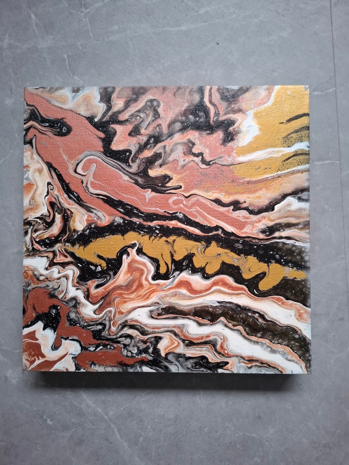 Abstracte Goud en Koper Acryl Gietkunst op Canvas, Ophalen of Verzenden