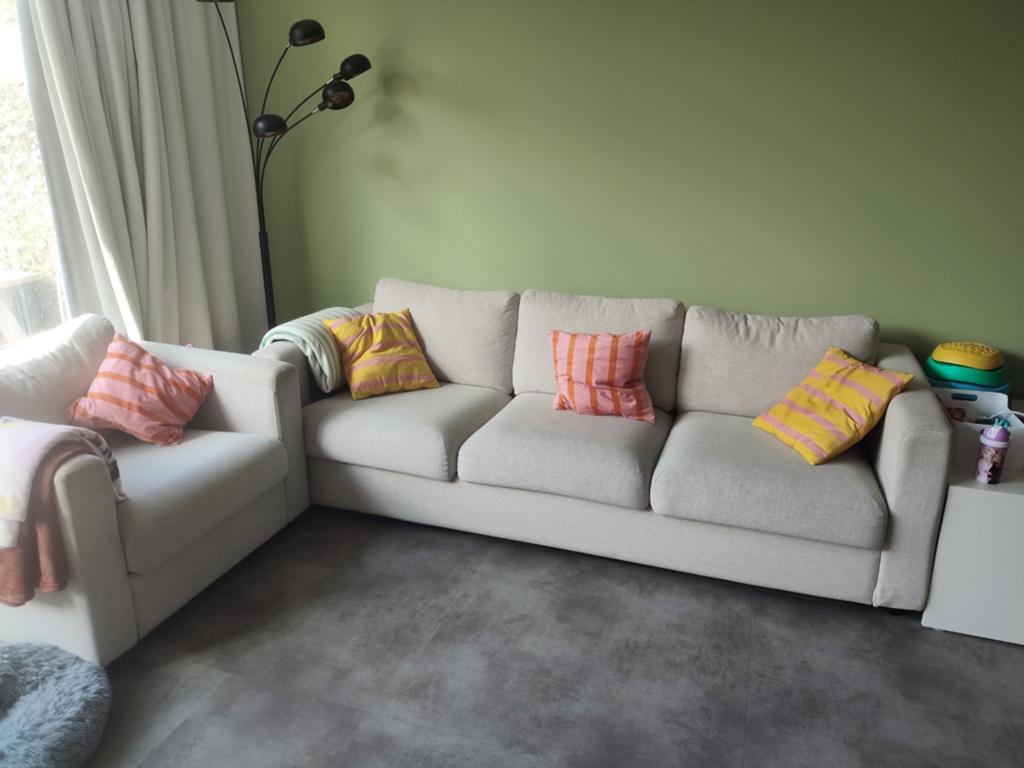 IKEA Vimle bank en fauteuil beige, wasbaar, Ophalen, Gebruikt, Driepersoons, 75 tot 100 cm